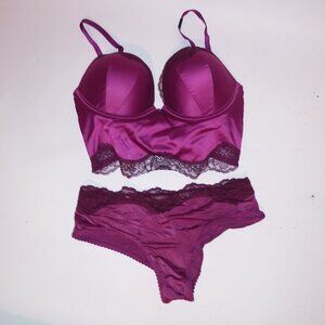 Victoria Secret Bra Set 32D Bombshell Small‎ Cheeky Panty Fuchsia Lace Long Line
